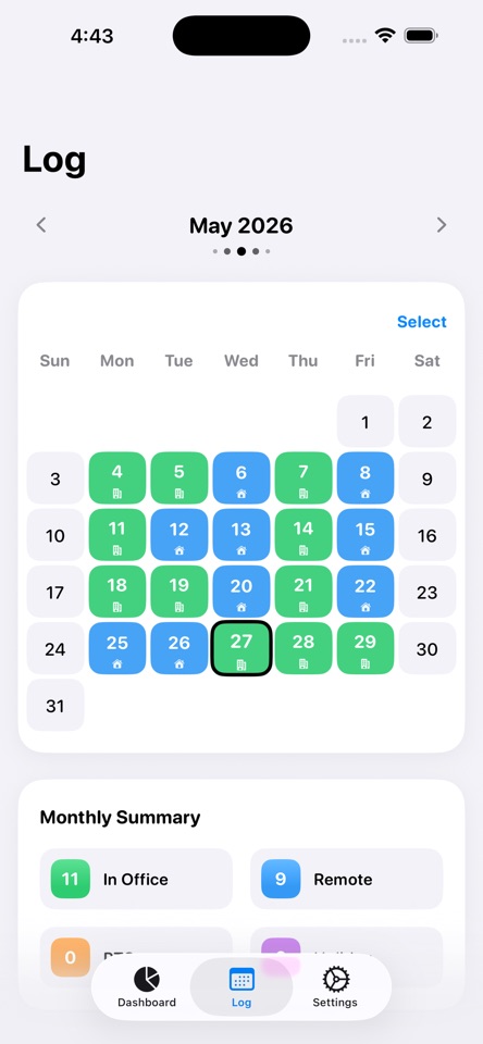 TrackInOffice Calendar Log
