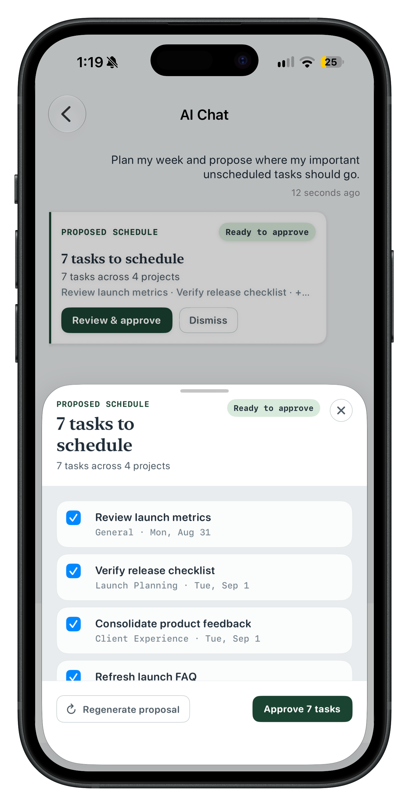 Next AI proposal sheet in its black iPhone frame, showing tasks ready for approval.