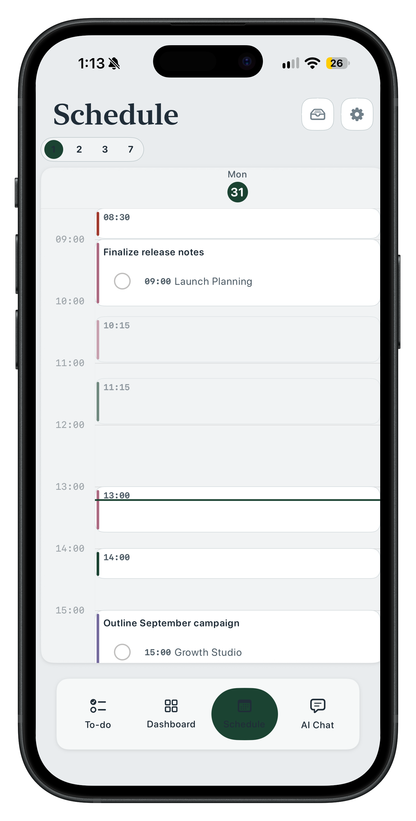 Next Schedule view in its black iPhone frame, arranging tasks across a daily timeline.