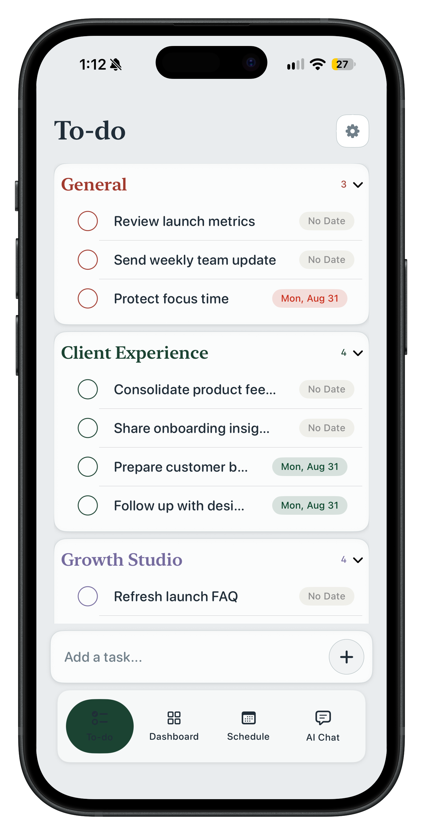 Next To-do view in its black iPhone frame, grouping tasks by project with due-date labels.